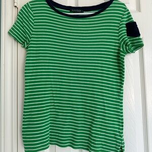 Lauren Ralph Lauren Green White Striped Short Sleeve Pocket Tee T-Shirt Medium